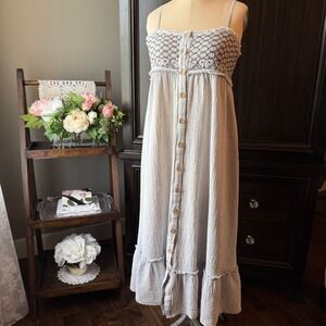 Mystree Maxi Dress Gauze Button Front Smocked Cami Ruffle Hem Size L Cottagecore